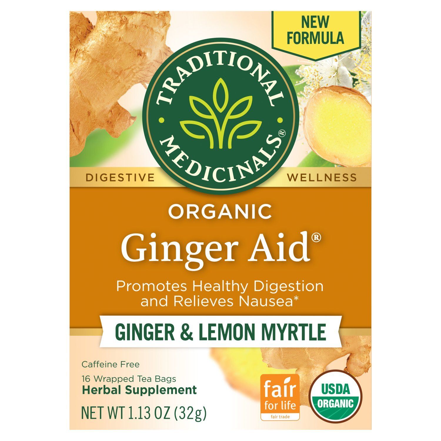 Traditional Medicinals Ginger Aid Ginger &amp; Lemon Myrtle Organic Herbal Supplement, 16 count, 1.13 oz