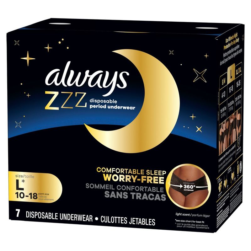 Always ZZZ Light Scent Disposable Period Underwear, Size L, 360° coverage, 7 count