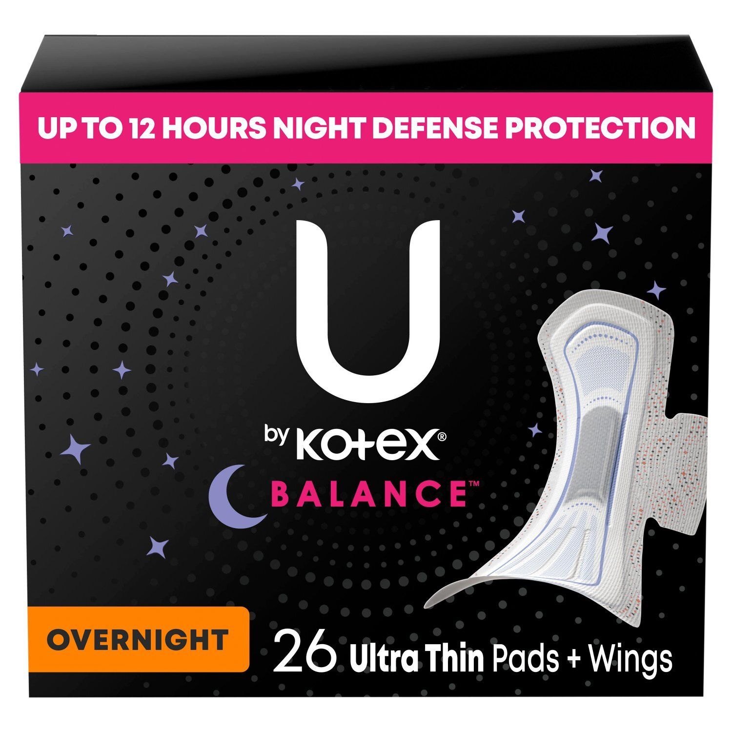 U by Kotex Balance Overnight Ultra Thin Pads + Wings, 26 count