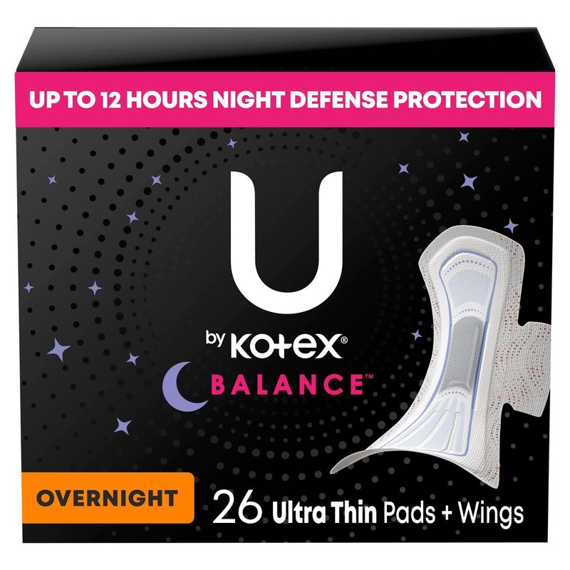 U by Kotex Balance Overnight Ultra Thin Pads + Wings, 26 count