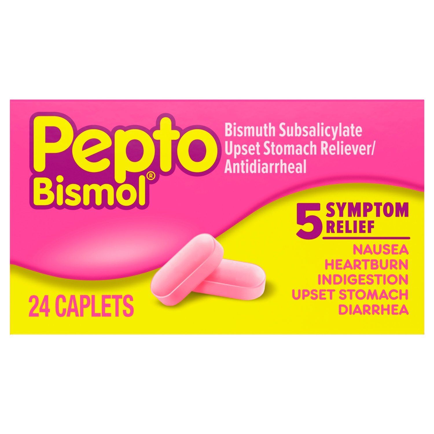 Pepto Bismol Caplets for Nausea, Heartburn, Indigestion, Upset Stomach, and Diarrhea, 5 Symptom Fas