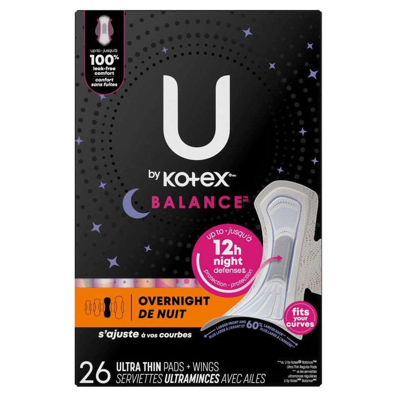 U by Kotex Balance Overnight Ultra Thin Pads + Wings, 26 count