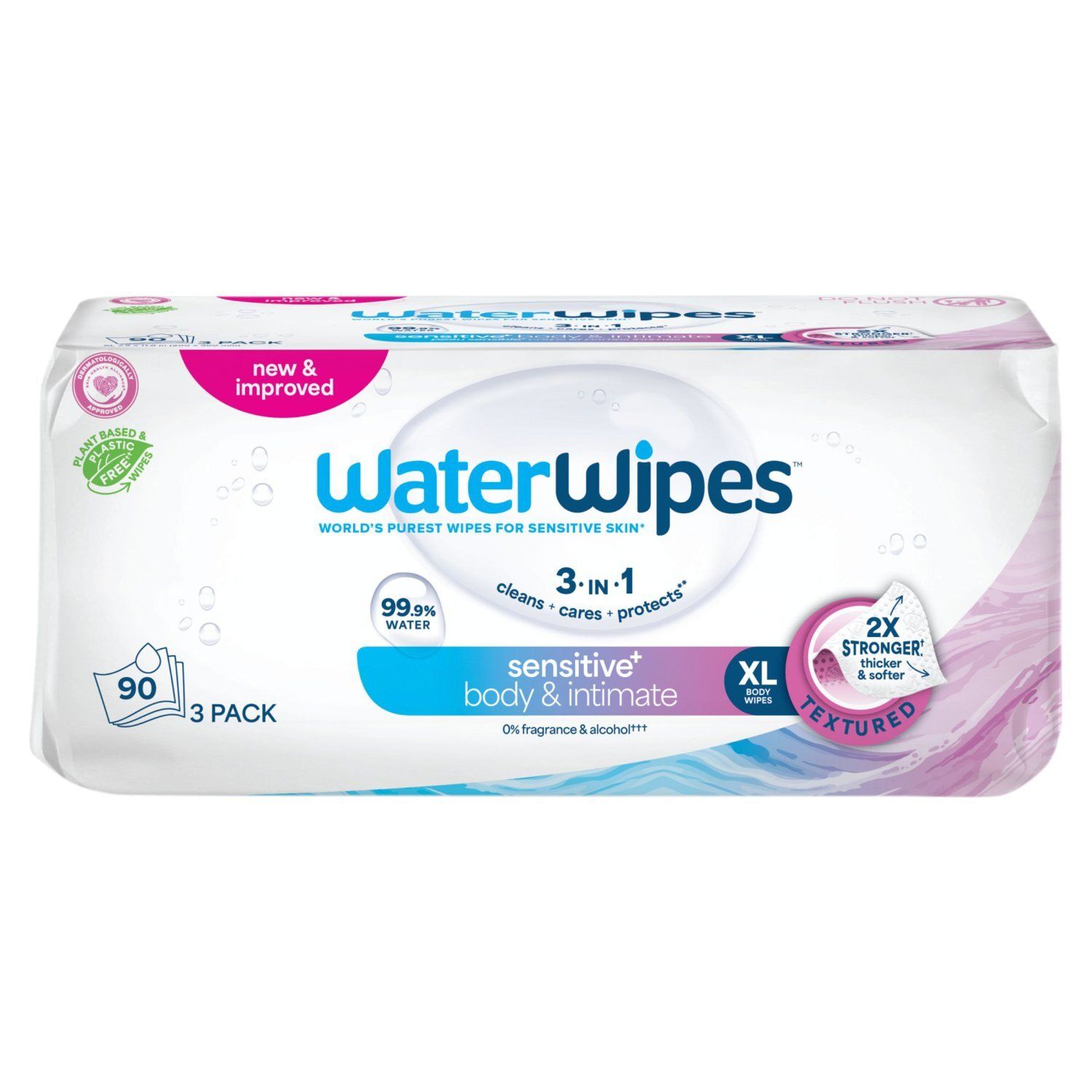 WaterWipes Sensitive+ Body &amp; Intimate Wipes, 99.9% Water Based, Unscented &amp; Hypoallergenic Hygiene Wet Wipes, Adult Care, 90 count