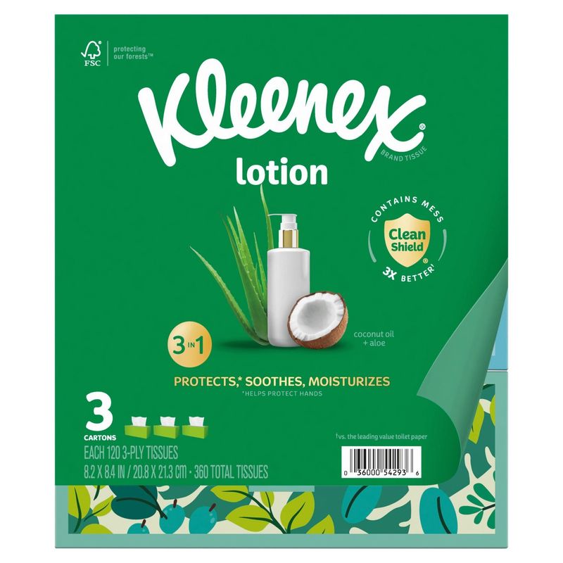 Kleenex Lotion 3 in 1 Coconut Oil + Aloe Tissues, 120 3-ply, 3 count