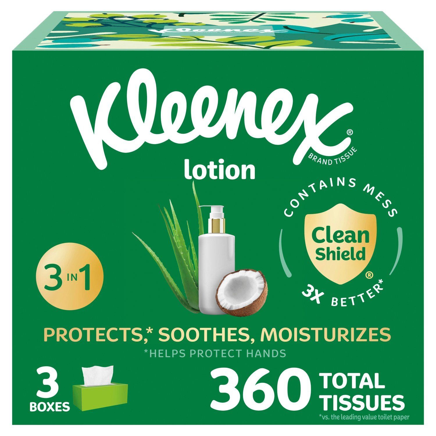Kleenex Lotion 3 in 1 Coconut Oil + Aloe Tissues, 120 3-ply, 3 count