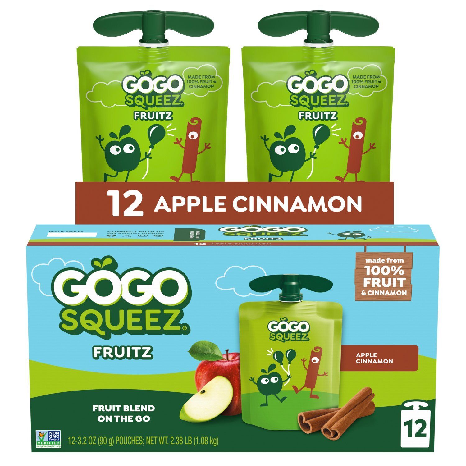 GoGo Squeez  Applesauce Cinnamon, Fruit Snack on the Go, 3.2 oz (Pack of 12 pouches)