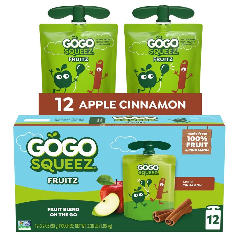 GoGo Squeez  Applesauce Cinnamon, Fruit Snack on the Go, 3.2 oz (Pack of 12 pouches)