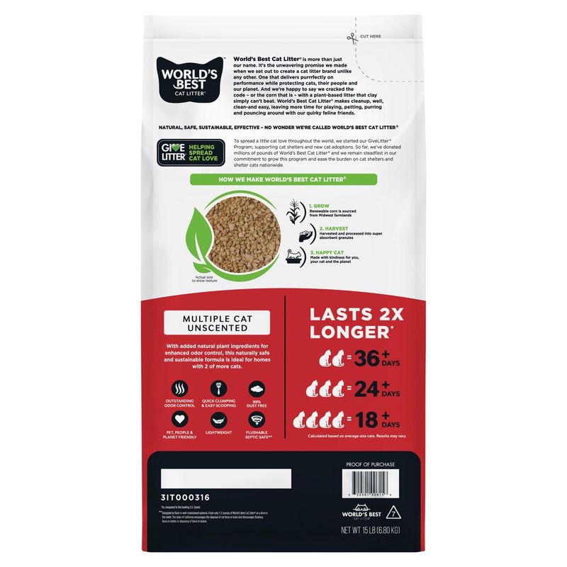World's Best Cat Litter Multiple Cat Unscented Cat Litter, 15 lb