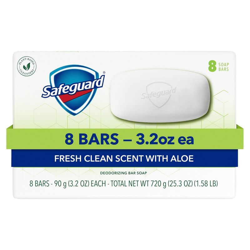 Safeguard Fresh Clean Scent with Aloe Deodorizing Bar Soap, 3.2 oz, 8 count