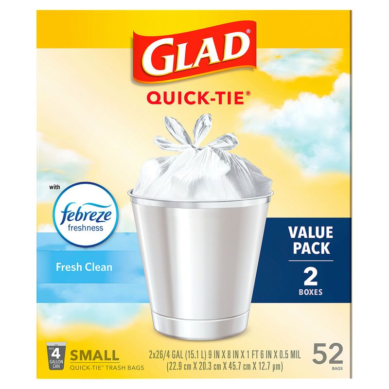 Glad Quick-Tie Fresh Clean Small Trash Bags Value Pack, 52 count