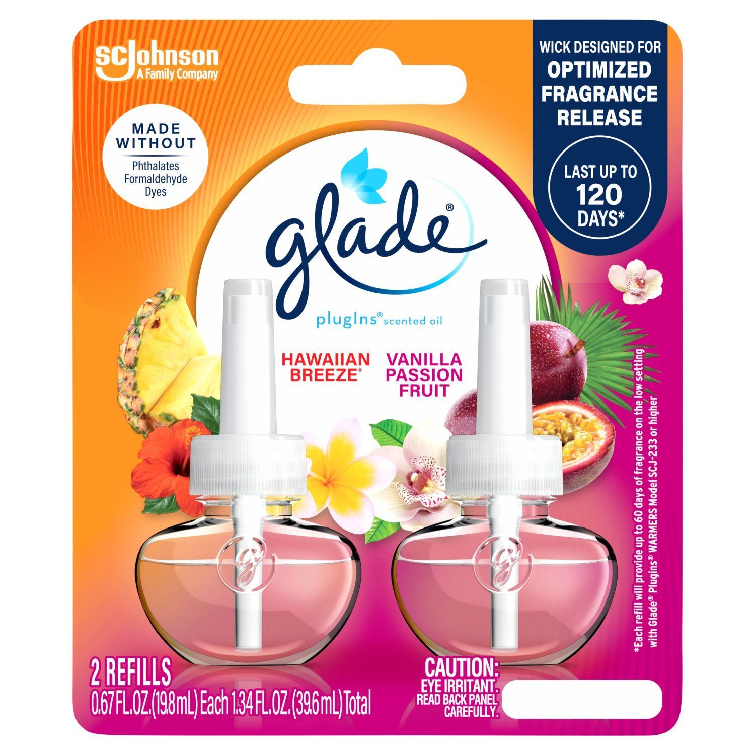 Glade PlugIns Hawaiian Breeze &amp; Vanilla Passion Fruit Scented Oil Refills, 0.67 fl oz, 2 count
