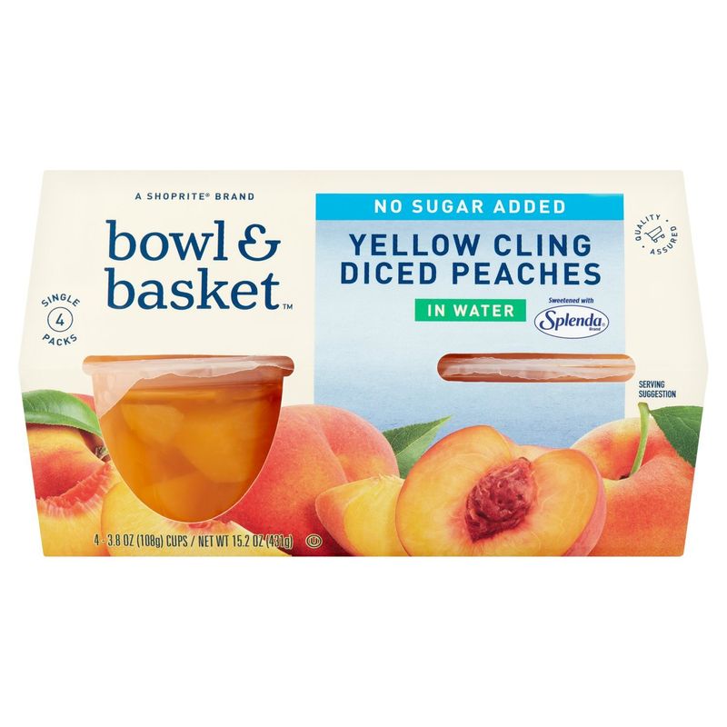 Bowl &amp; Basket No Sugar Added Yellow Cling Diced Peaches in Water, 3.8 oz, 4 count