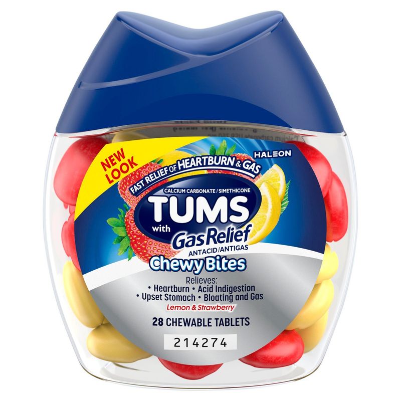 Tums with Gas Relief Antacid/Antigas Lemon &amp; Strawberry Chewy Bites, 28 count