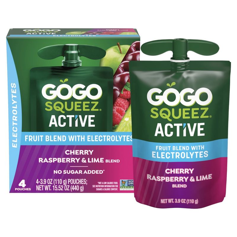 Gogo Squeez Active Cherry, Raspberry &amp; Lime Fruit Blend with Electrolytes, 3.9 oz, 4 count