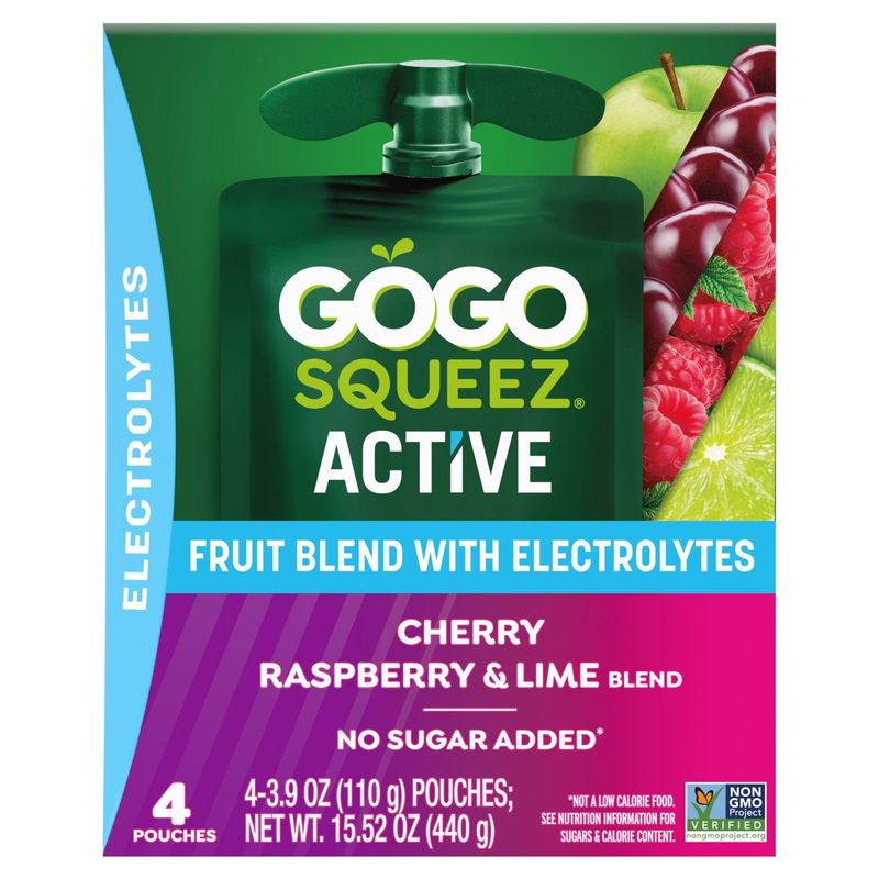 Gogo Squeez Active Cherry, Raspberry &amp; Lime Fruit Blend with Electrolytes, 3.9 oz, 4 count