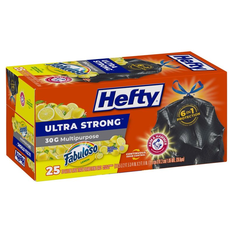 Hefty Ultra Strong 30 Gallon Multipurpose Fabuloso Lemon Scent Large Trash Drawstring Bags, 25 count