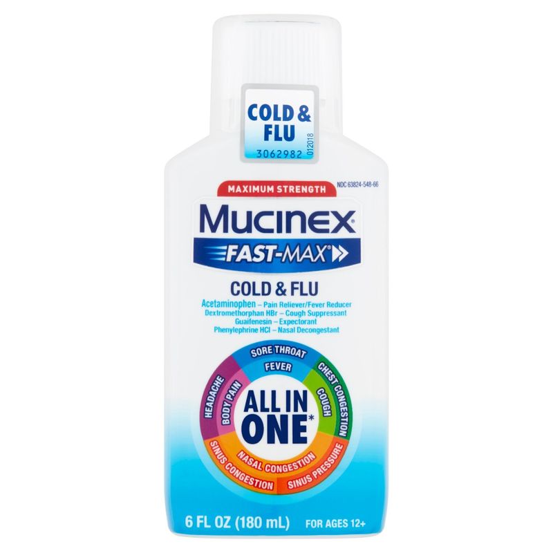 Mucinex Fast-Max Maximum Strength Cold &amp; Flu Liquid, For Ages 12+, 6 fl oz