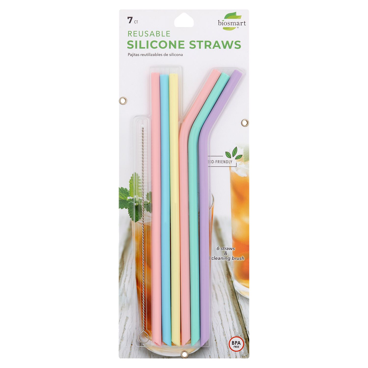 Biosmart Reusable Silicone Straws with Cleaning Brush, 7 count