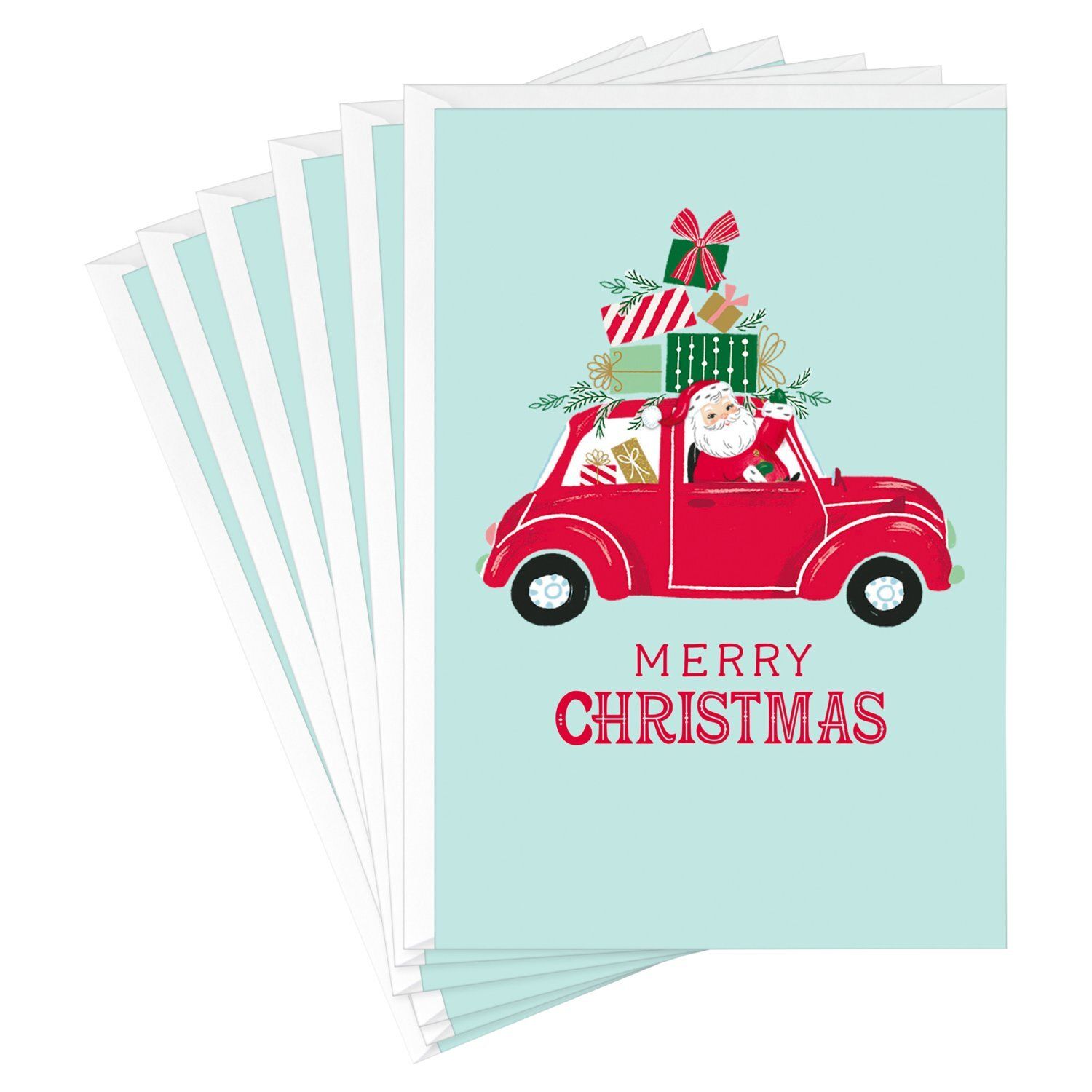 Hallmark Christmas Cards (6 Cards with Envelopes) Santa Driving Red Car