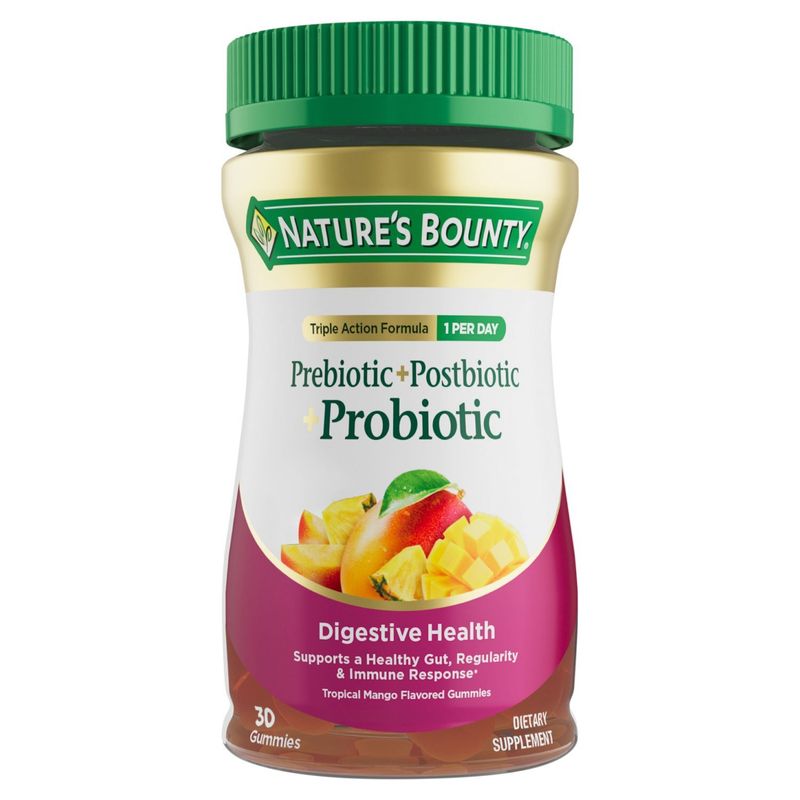 Nature's Bounty Tropical Mango Prebiotic+Postbiotic Probiotic Gummies Dietary Supplement, 30 count