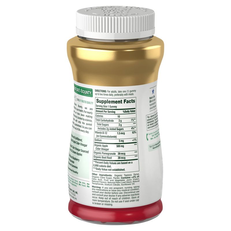 Nature's Bounty Apple Cider Vinegar Gummies Dietary Supplement, Raspberry Pomegranate Flavor, 500 Mg