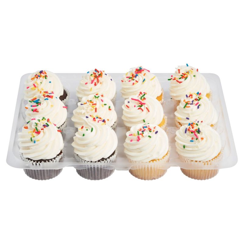 12 Pack Yellow &amp; Chocolate Cupcakes With Vanilla Icing