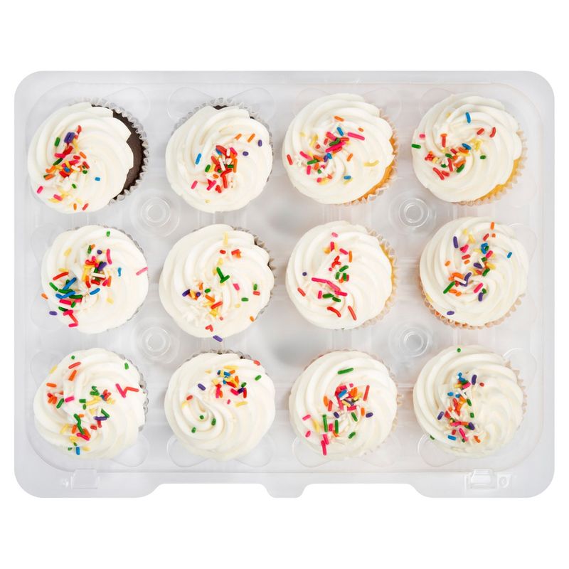 12 Pack Yellow &amp; Chocolate Cupcakes With Vanilla Icing