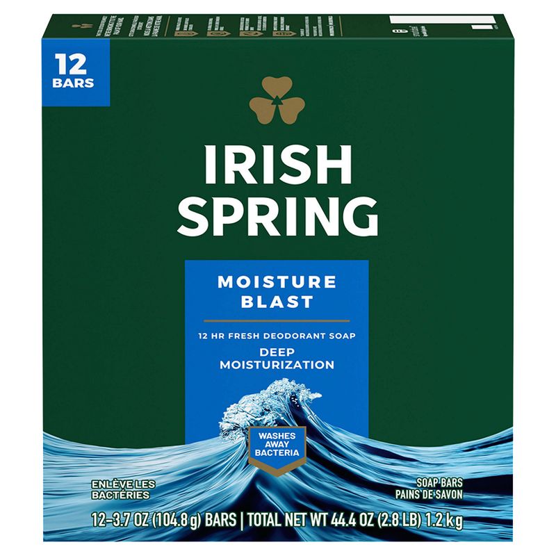 Irish Spring Moisture Blast Deodorant Bar Soap for Men, 3.7 oz, 12 Pack