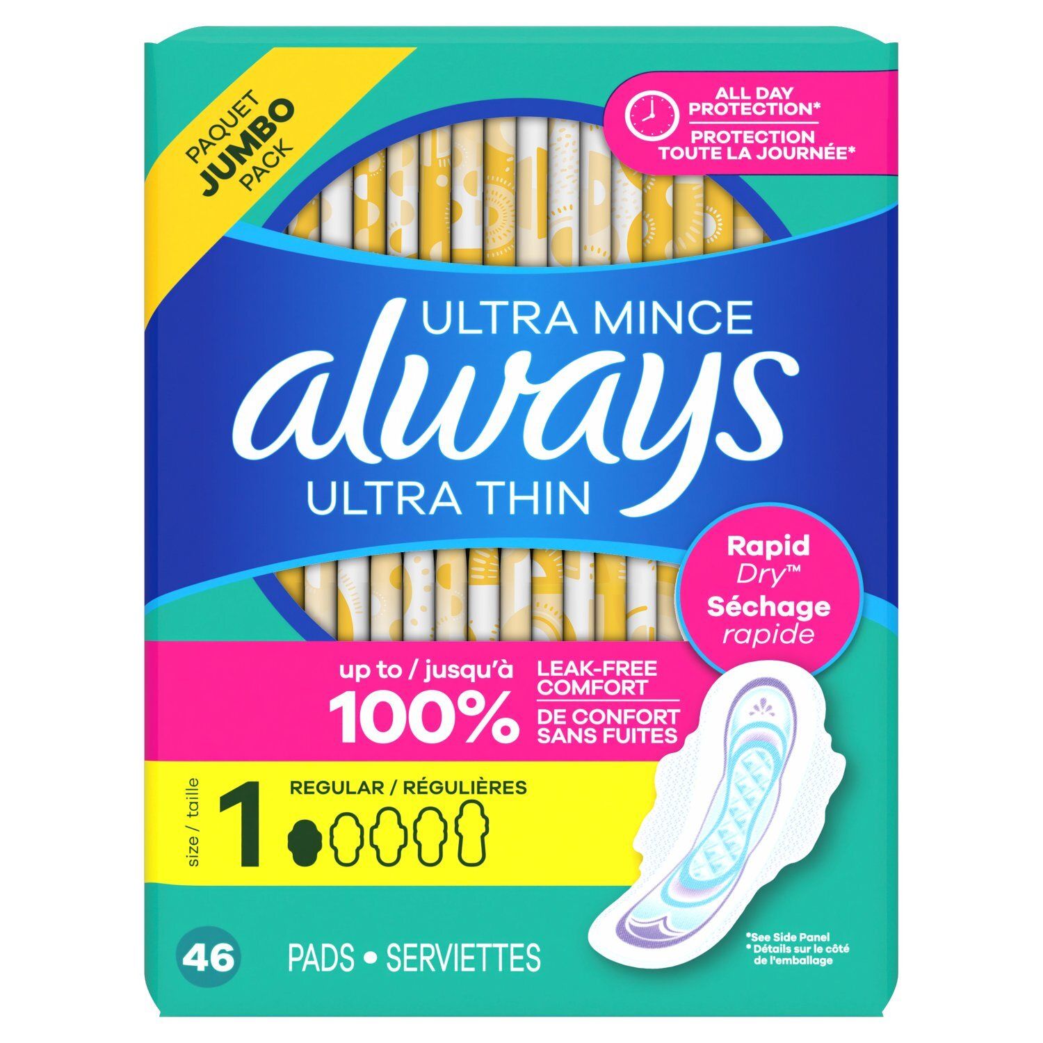 Always Ultra Thin Feminine Pads with Wings for Women, Size 1, Regular Absorbency, Unscented, 46 Cou