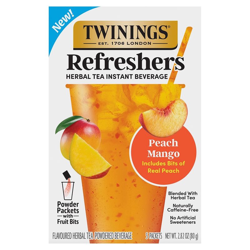 Twinings Refreshers Peach Mango Flavoured Herbal Tea Powdered Beverage, 5 count, 2.82 oz