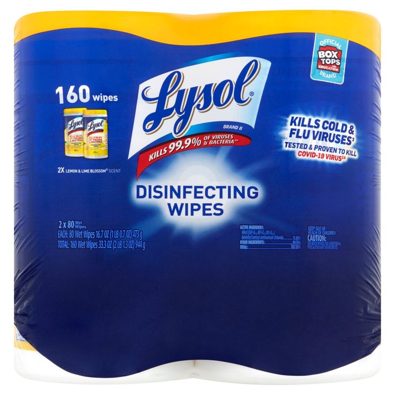 Lysol Lemon &amp; Lime Blossom Scent Disinfecting Wipes, 16.7 oz, 80 count, 2 pack