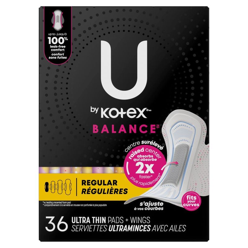 U by Kotex Balance Regular Ultra Thin Pads + Wings, 36 count