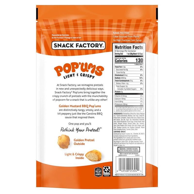 Snack Factory Pop'ums Golden Mustard BBQ Baked Pretzel Snacks, 9 oz