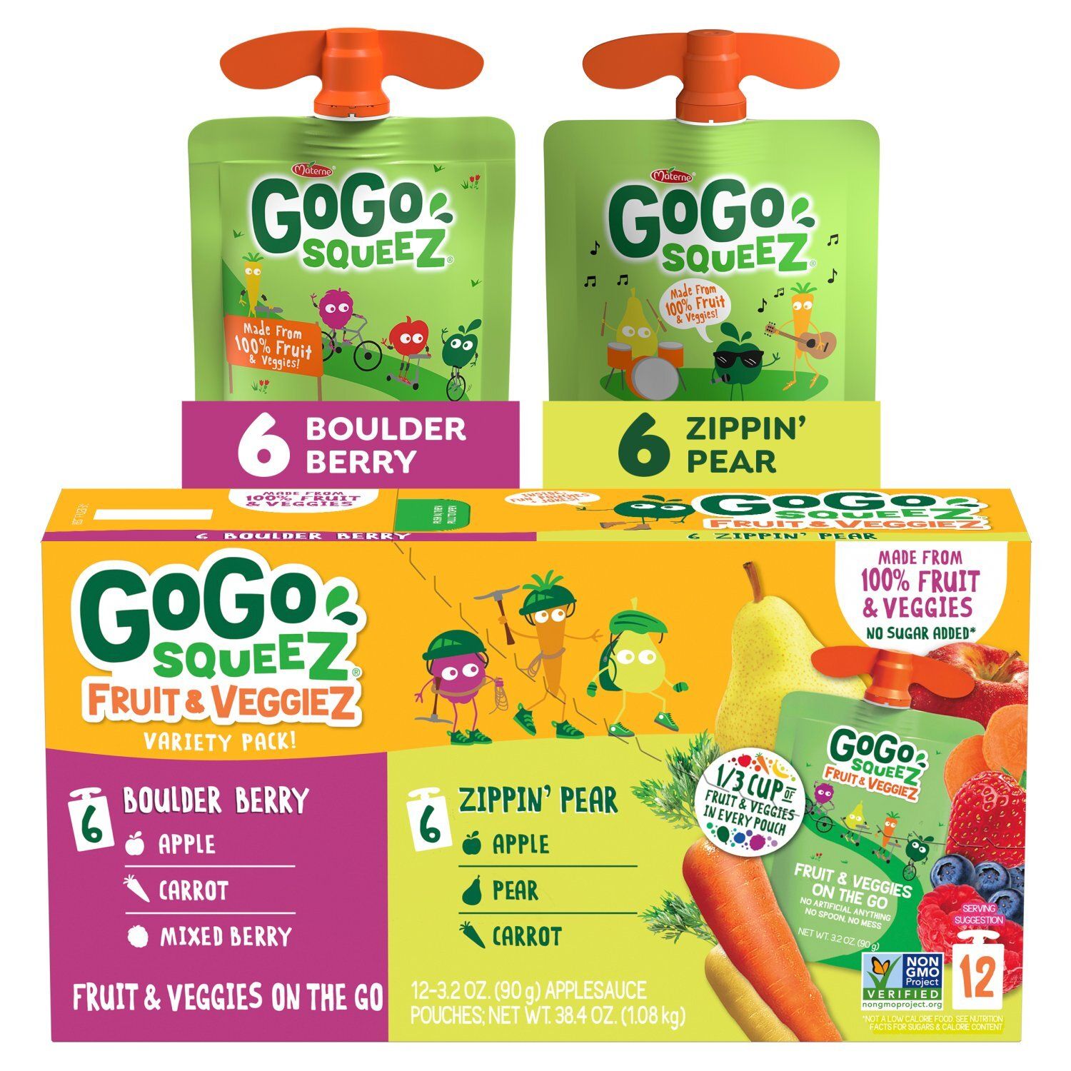 GoGo Squeez Boulder Berry and Zippin' Pear Fruit &amp; Veggiez on the Go Variety Pack, 3.2 oz, 12 count
