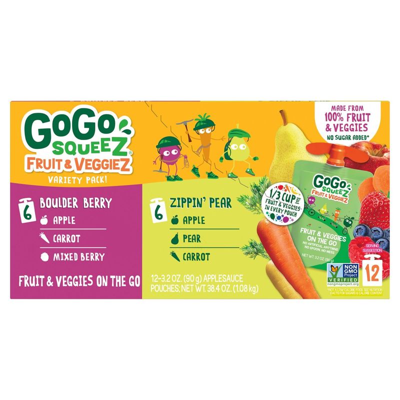 GoGo Squeez Boulder Berry and Zippin' Pear Fruit &amp; Veggiez on the Go Variety Pack, 3.2 oz, 12 count