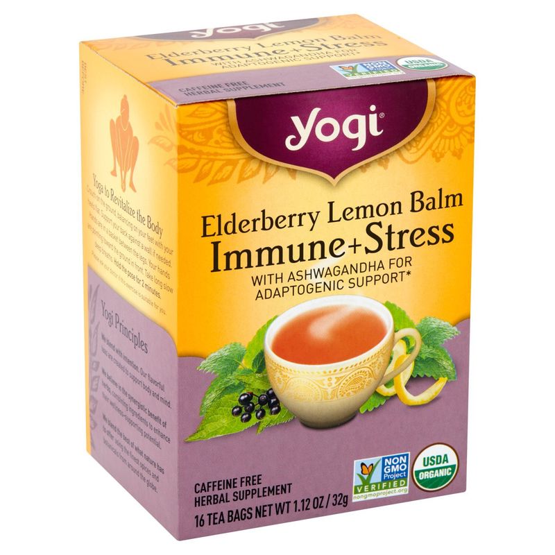 Yogi Elderberry Lemon Balm Immune + Stress Tea Bags Herbal Supplement, 16 count, 1.12 oz