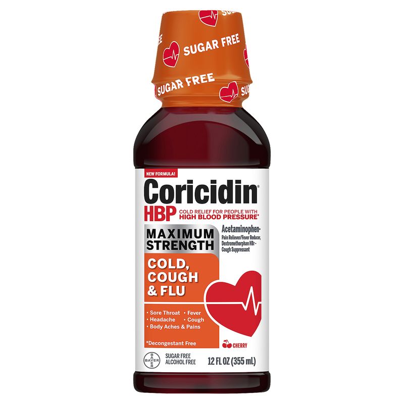 Coricidin HBP Maximum Strength Cherry Cold, Cough &amp; Flu Liquid, 12 fl oz