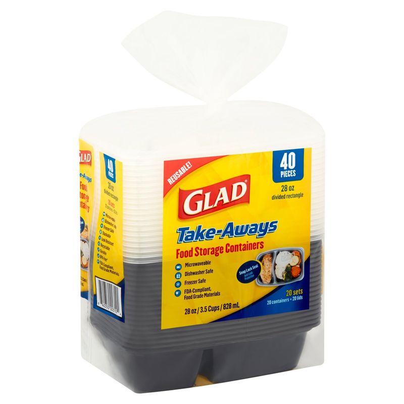 Glad 28 Oz Divided Rectangle Take-Aways Food Storage Containers, 40 count