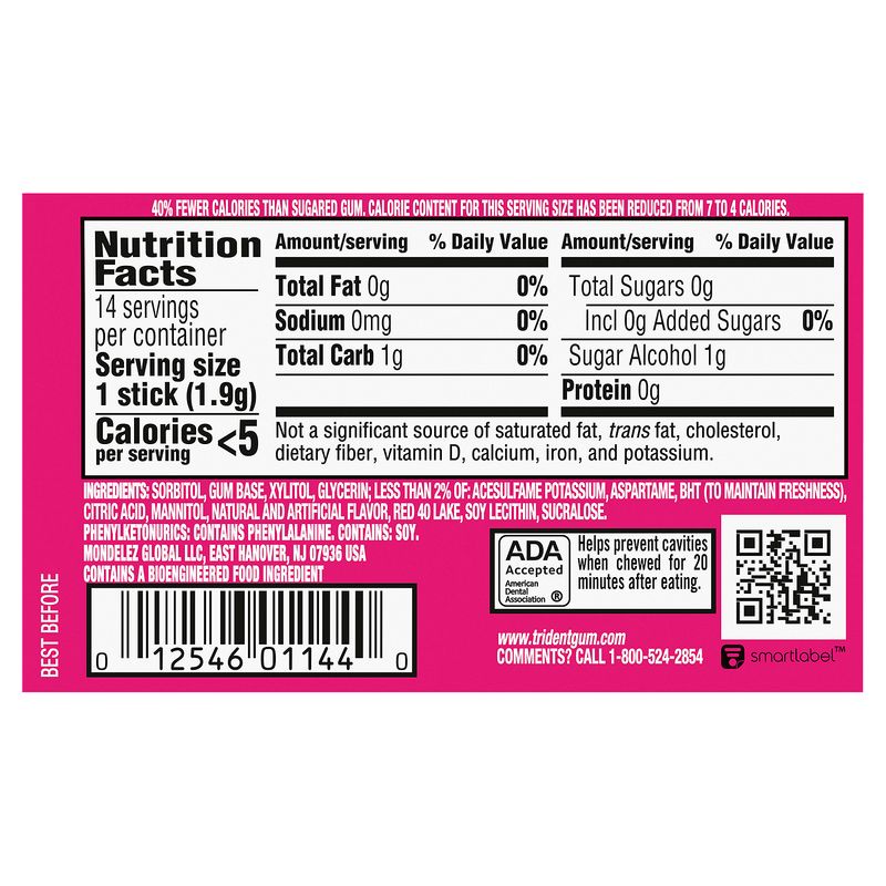 Trident Sugar Free Bubblegum with Xylitol, 14 count