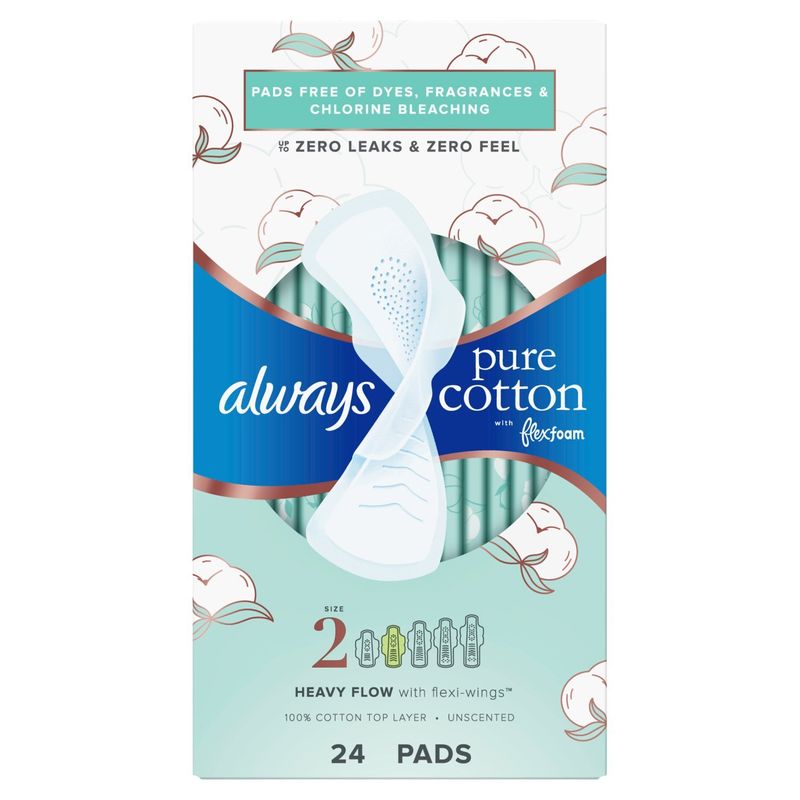 always Pure Cotton with Flexfoam Unscented Pads, Size 2, 24 count
