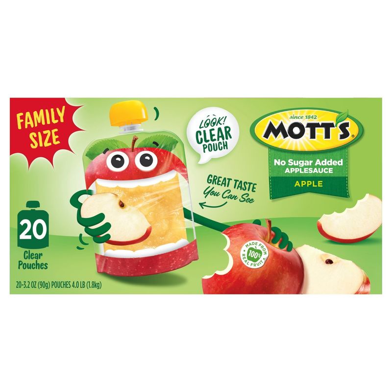 Mott's No Sugar Added Applesauce, 3.2 oz clear pouches, 20 pack
