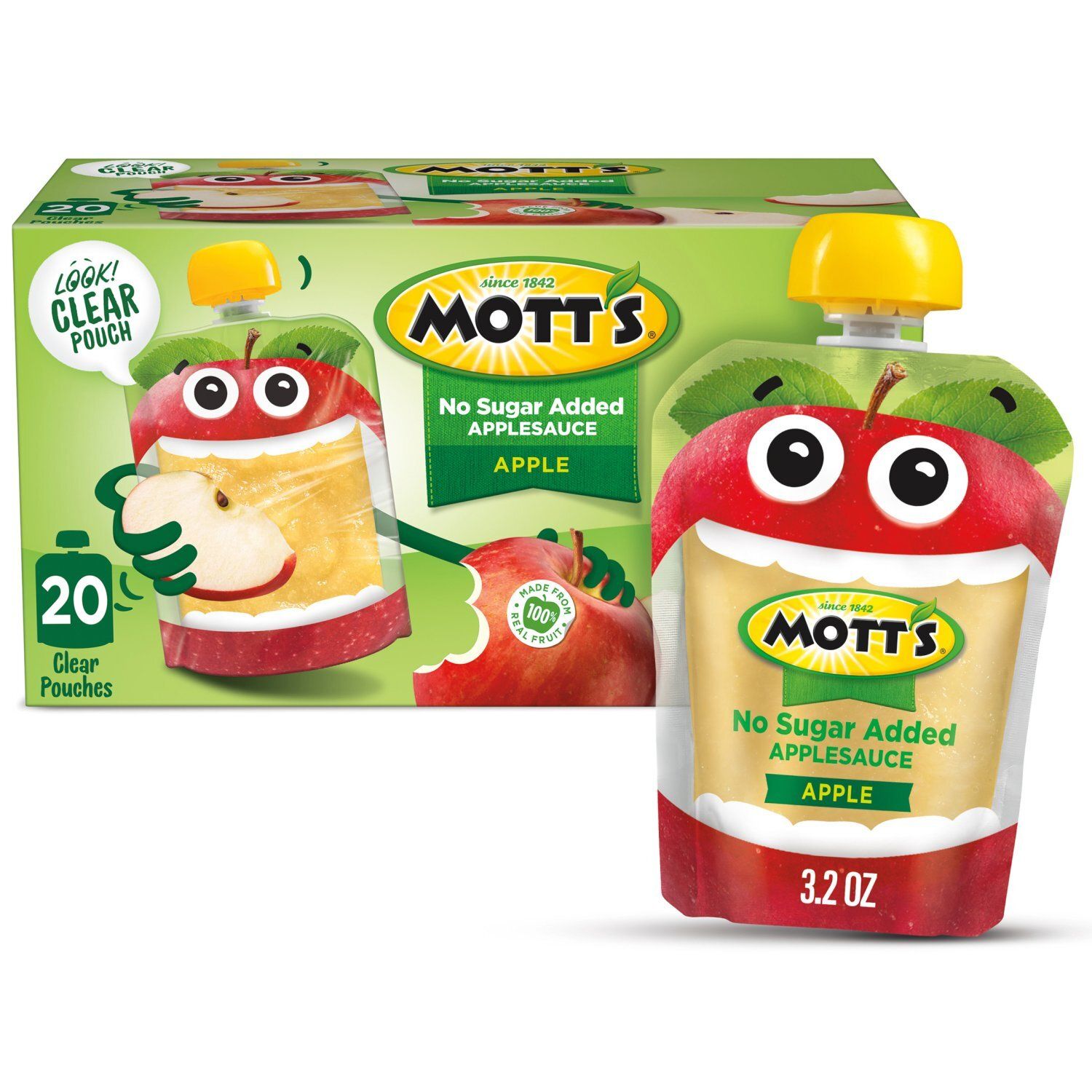 Mott's No Sugar Added Applesauce, 3.2 oz clear pouches, 20 pack