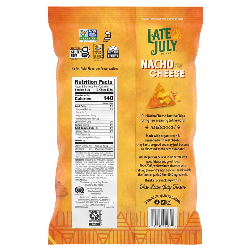 Late July Snacks Nacho Cheese Tortilla Chips, 7.8 oz