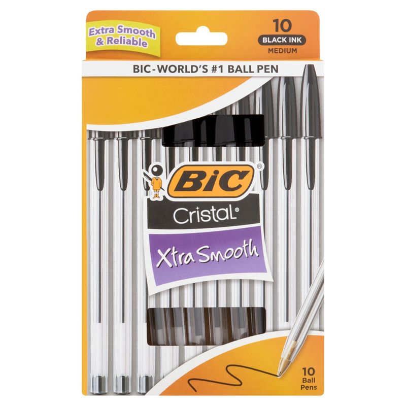 BIC Cristal Xtra Smooth Black Ink Medium Ball Pens, 10 count