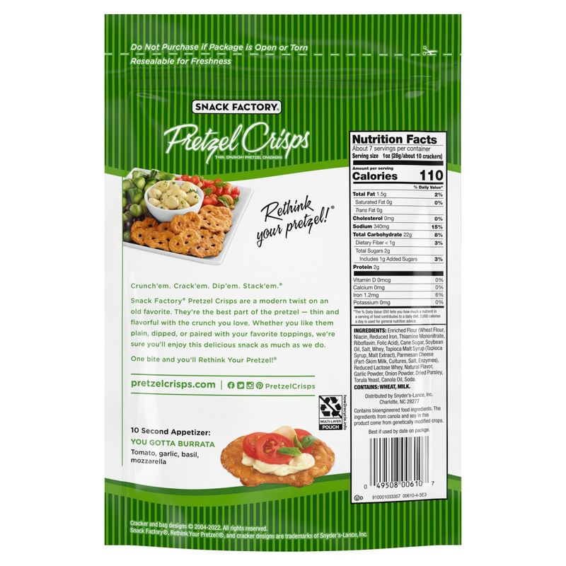 Snack Factory Pretzel Crisps Garlic Parmesan Deli Style Pretzel Crackers, 7.2 oz