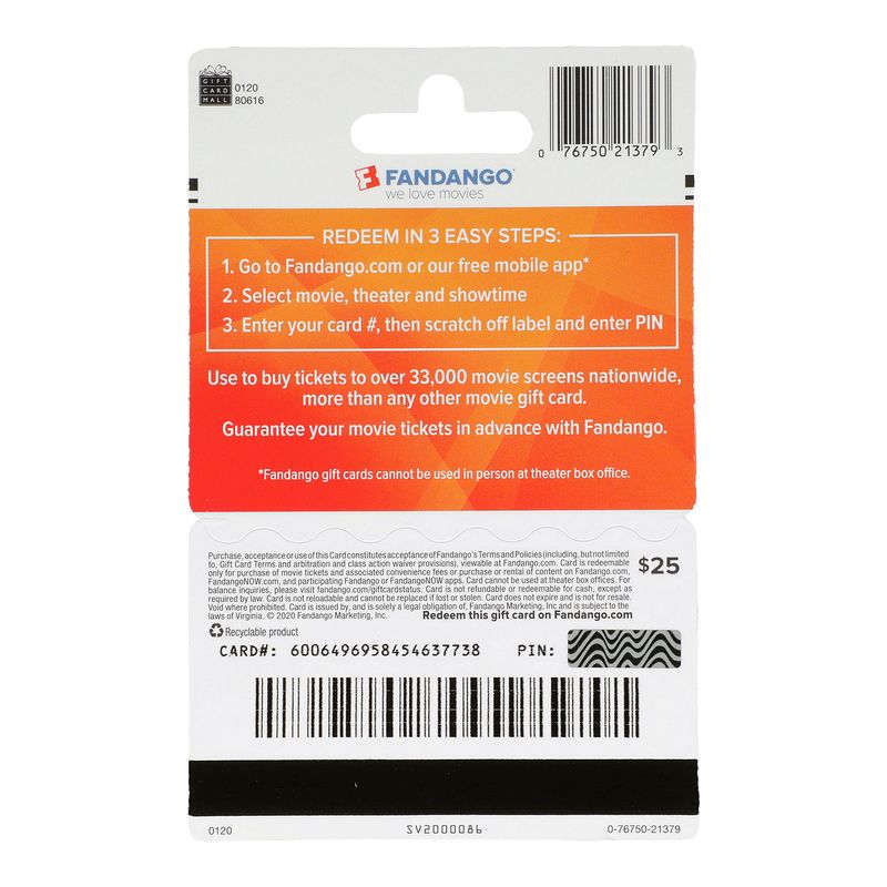 Fandango $25 Gift Card, 1 each