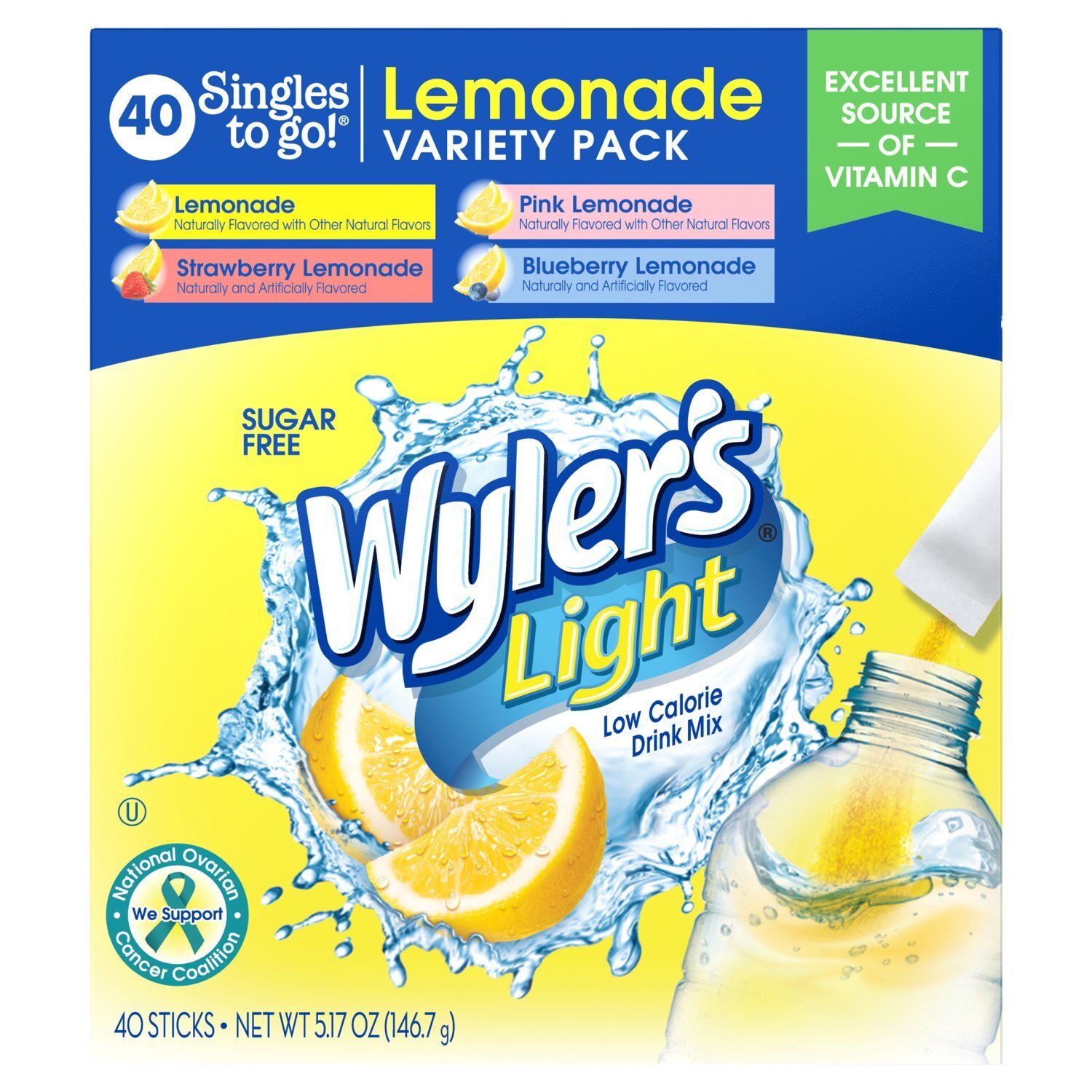 Wyler's Light Sugar Free Low Calorie Lemonade Drink Mix Variety Pack, 40 count, 5.17 oz