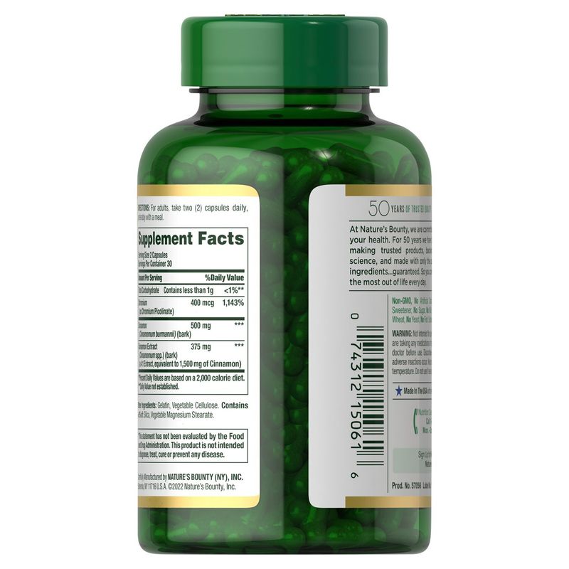 Nature's Bounty Cinnamon Plus Chromium Dietary Supplement, 2000 mg, 60 count