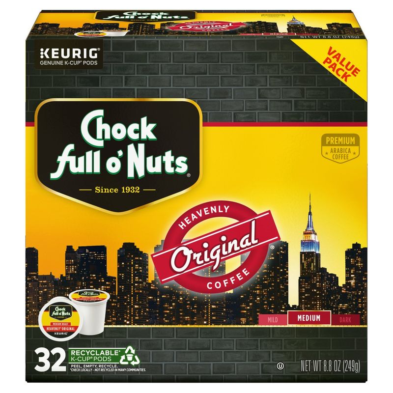 Chock full o'Nuts Heavenly Original Medium Roast Arabica Coffee K-Cup Pods, 32 count, 8.8 oz