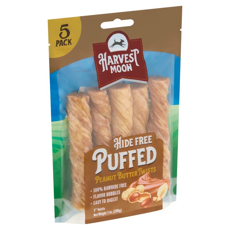 Harvest Moon 5" Hide Free Puffed Peanut Butter Twists Dog Chews, 5 count, 7 oz